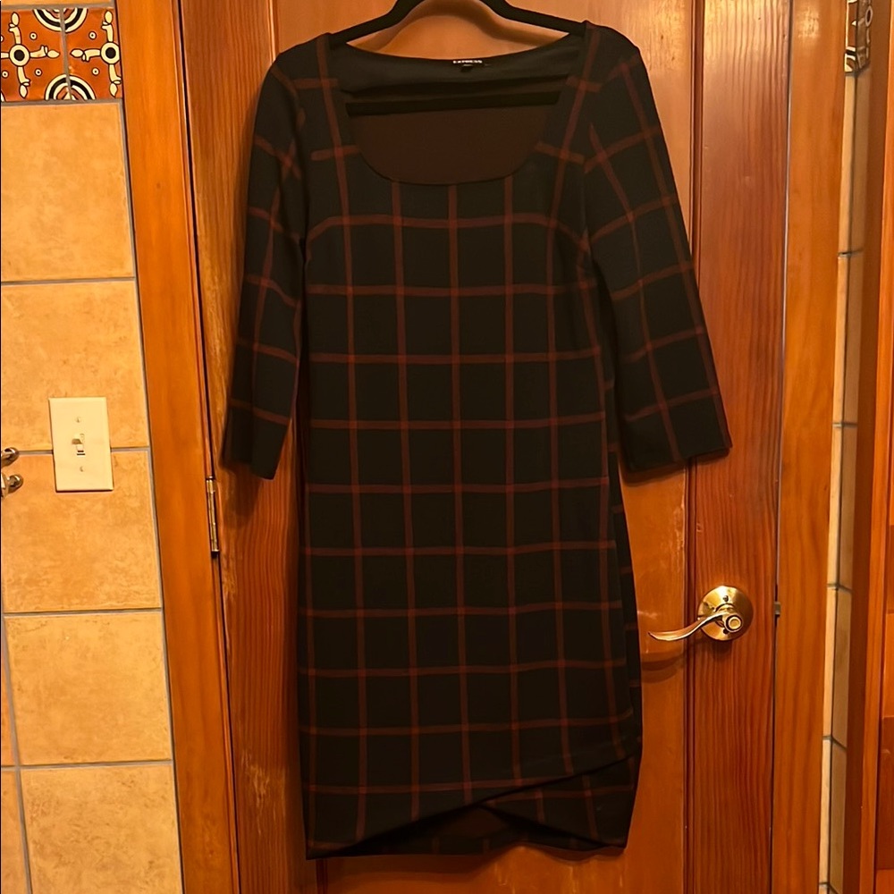 Express Tan and Gold Sheath Dress Long Sleeve Square Neck